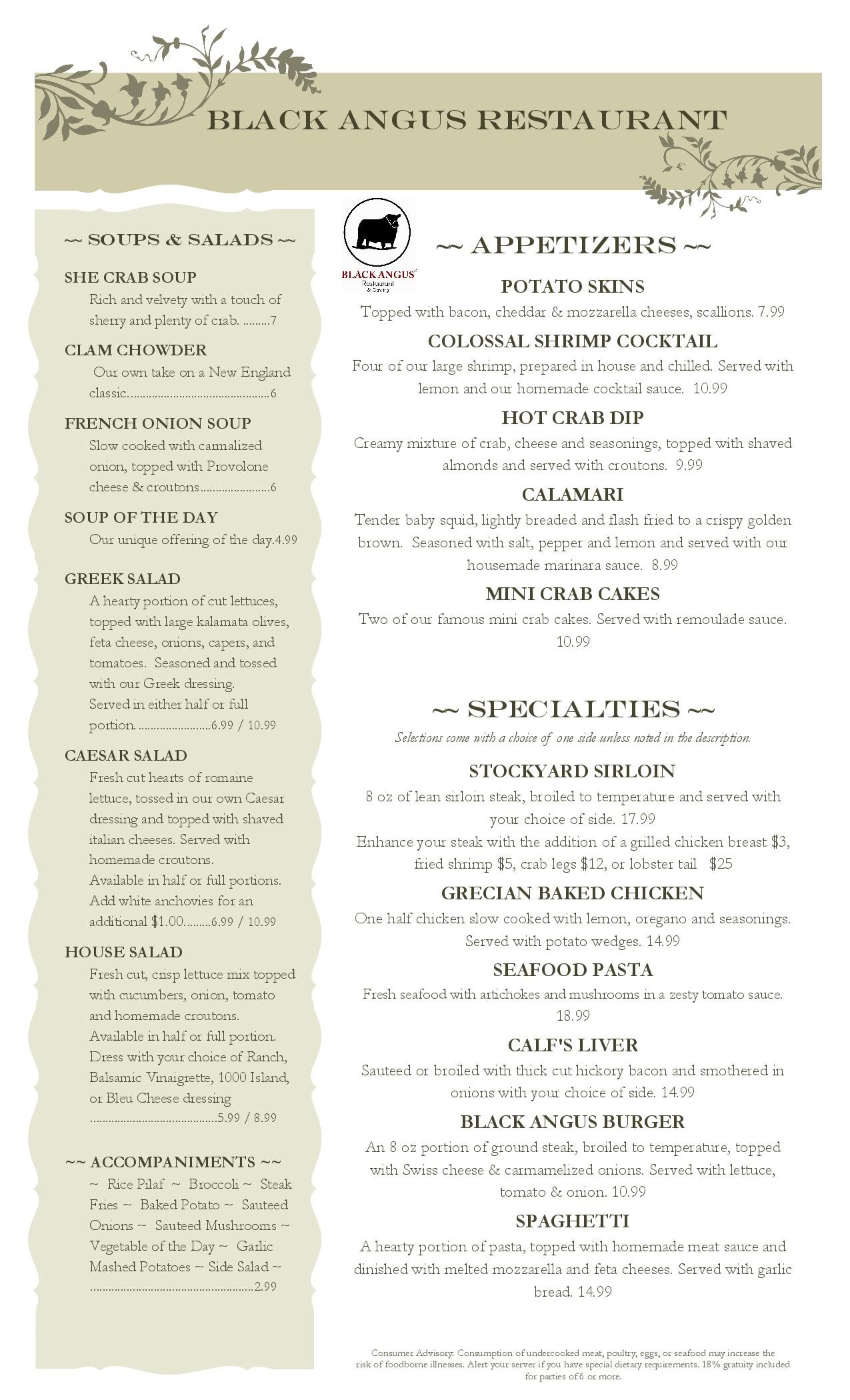 Black Angus Restaurant Menu